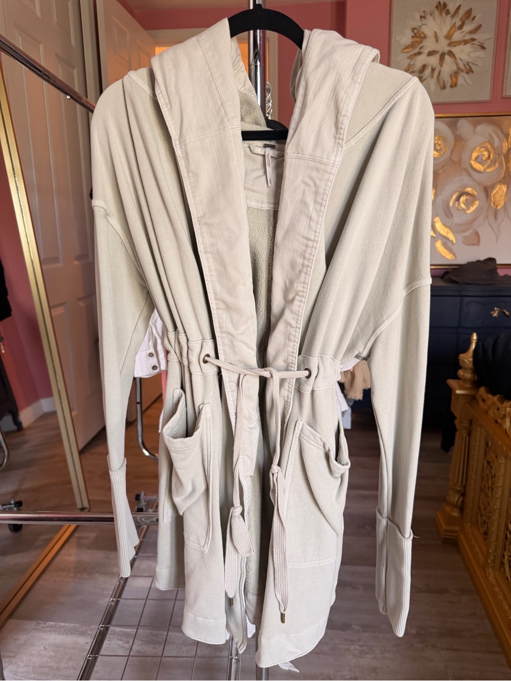 Free People Sage Green Hooded Utility Jacket with Drawstring Waist